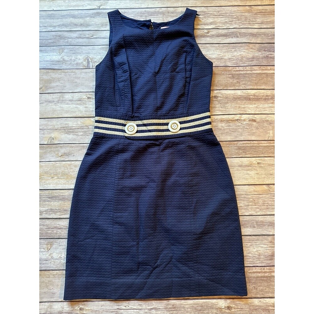 LILLY PULITIZER Navy Gold Metallic Stripe Waist Kirkland Textured Dress 00